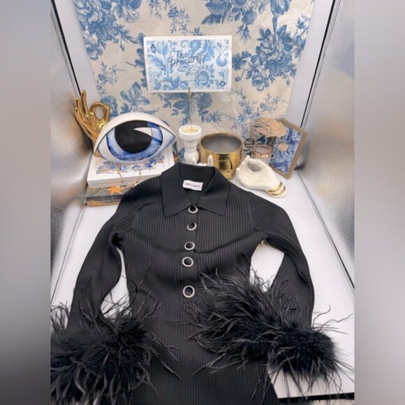 🆕 REBECCA VALLANCE 🧿 NWOT Soraya Feather-Trimmed Knit Midi Dress, Black - Sz S - Picture 2 of 14